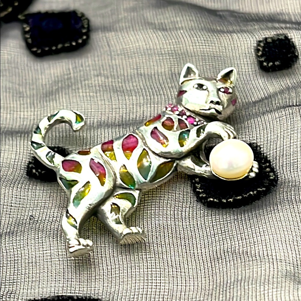 Colorful Cat Brooch with Pearl Accent